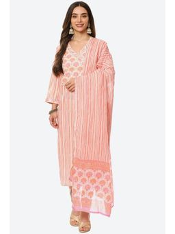 Biba - Pink Cotton Stripes Printed Unstitched Suit (Set of 3)