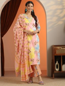 Libas - Peach Floral Printed Kurta with Pant and Dupatta