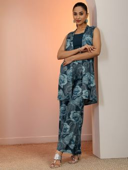 Libas - Teal Floral Printed Crop Top with Palazzo and Jacket