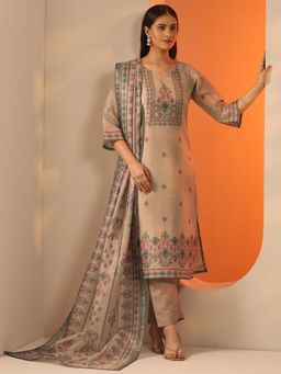 Libas - Beige Yoke Design Kurta with Pant and Dupatta