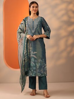 Libas - Teal Floral Printed Kurta with Pant and Dupatta