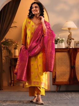 Libas Art - Mustard Bird Woven Kurta with Pant and Dupatta