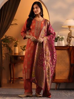 Libas - Orange Bird Woven Kurta with Pant and Dupatta