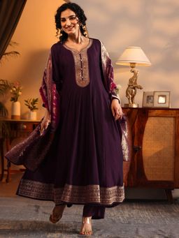 Libas Art - Purple Embroidered Anarkali Kurta with Pant and Woven Dupatta