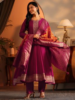 Libas Art - Magenta Pink Embroidered Anarkali Kurta with Pant and Woven Dupatta