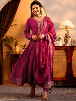 Libas Art - Pink Embroidered Anarkali Kurta with Pant and Printed Dupatta
