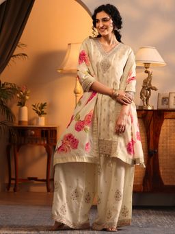 Libas - Cream Woven Kurta with Embroidered Palazzo and Dupatta