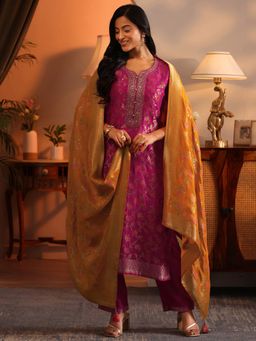 Libas - Pink Floral Woven Kurta with Pant and Dupatta