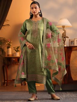 Libas Art - Green Woven Design Kurta with Pant and Embroidered Dupatta