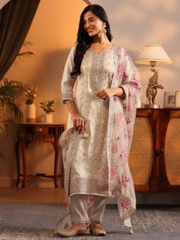 Libas Art - Off White Woven Design Kurta with Pant and Embroidered Dupatta