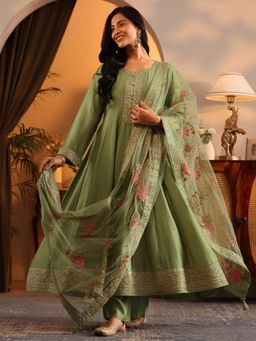 Libas Art - Green Embroidered Anarkali Kurta with Pant and Net Dupatta