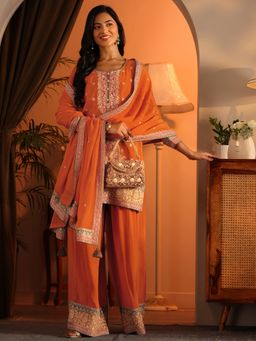 Libas Art - Orange Embroidered Short Kurti with Palazzo and Dupatta