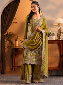 Libas Art - Lime Green Embroidered Short Kurti with Palazzo and Dupatta