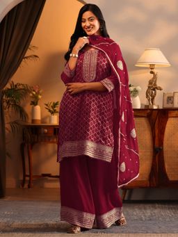 Libas Art - Red Embroidered Kurta with Palazzo and Dupatta