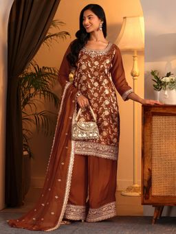 Libas Art - Brown Floral Woven Kurta with Palazzo and Dupatta