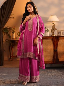 Libas Art - Pink Bandhani Printed Kurta with Palazzo and Embroidered Dupatta
