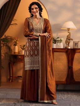 Libas Art - Brown Zari Embroidered Kurta with Palazzo and Dupatta