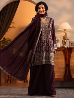 Libas Art - Maroon Zari Embroidered Kurta with Palazzo and Dupatta
