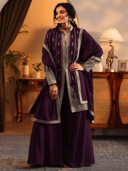 Libas Art - Purple Zari Embroidered Kurta with Palazzo and Dupatta