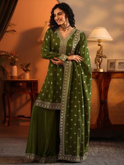 Libas Art - Olive Zari Embroidered Kurta with Palazzo and Dupatta