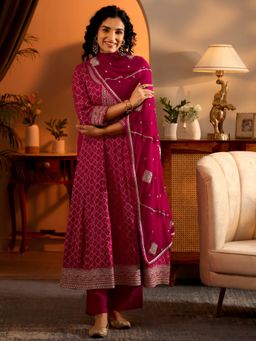 Libas Art - Magenta Woven Anarkali Kurta with Pant and Embroidered Dupatta