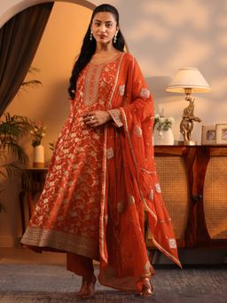Libas Art - Orange Floral Woven Anarkali Kurta with Pant and Embroidered Dupatta