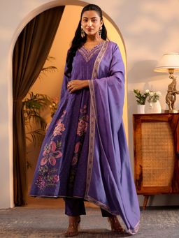 Libas Art - Purple Floral Printed Anarkali Kurta with Pant and Dupatta