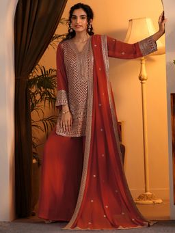 Libas Art - Orange Embroidered Kurti with Palazzo and Dupatta