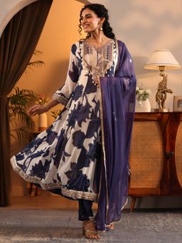 Libas Art - Navy Blue Floral Printed Anarkali Kurta with Pant and Dupatta