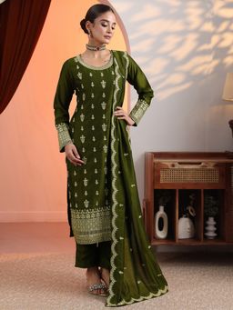 Libas - Olive Embroidered Kurta with Pant and Dupatta