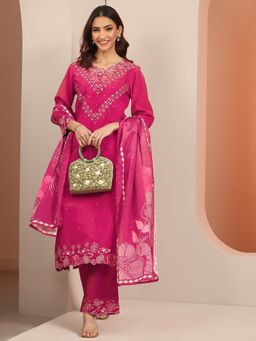 Libas - Magenta Embroidered Kurta with Palazzo and Printed Dupatta