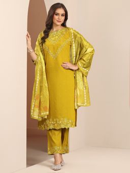 Libas - Mustard Embroidered Kurta with Palazzo and Printed Dupatta