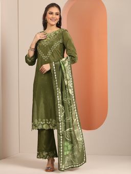 Libas - Olive Embroidered Kurta with Palazzo and Printed Dupatta