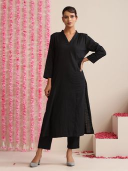 Swtantra - Black Cotton Slub Solid Co-Ord