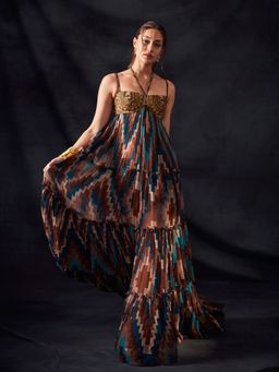 Nikita Mhaisalkar - Turquoise and Multi - Colour Grid Print Maxi with Aged Old Embroidery