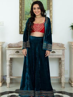Lavanya The Label - Green And Red Velvet Top And Palazzo (Set of 3)
