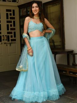 Lavanya The Label - Sky Blue Organza Lehenga (Set of 3)