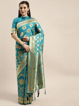 Amrutam Fab - Women's Banarasi Silk Light Blue Saree with Unstitched Blouse