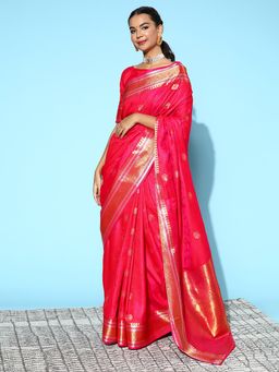 Akhilam - Womens Silk Blend Pink Woven Design Handloom Saree with Unstitched Blouse