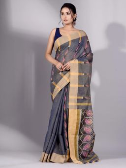 CHARUKRITI - Grey Tissue Handwoven Saree with Cream Border Without Blouse