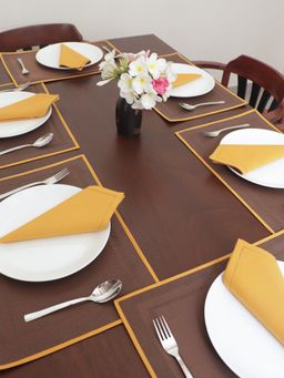 Zeba World - Brown Solid Flat Piped Dinner Table Mats & Napkins (Set of 12)