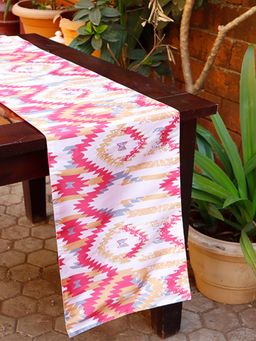 Zeba World - Pink Embroidered and Ikat Printed Polyester Table Runner (Seater 6)