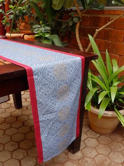 Zeba World - Blue Floral Printed Elephant Motif Polycanvas Table Runner (Seater 6)