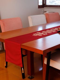 Zeba World - Red Aari Embroidered Golden Tassels Polyester Table Runner (Seater 6)