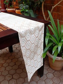 Zeba World - Beige Ogee Printed Polycanvas Table Runner (Seater 6)