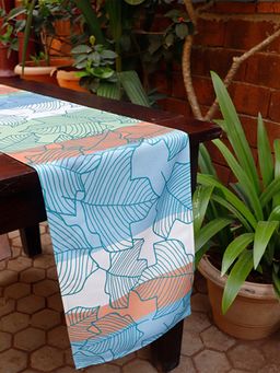 Zeba World - Blue Abstract Leaf Printed Polycanvas Table Runner (Seater 6)