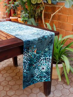 Zeba World - Blue Embroidered and Printed Velvet Table Runner (Seater 6)