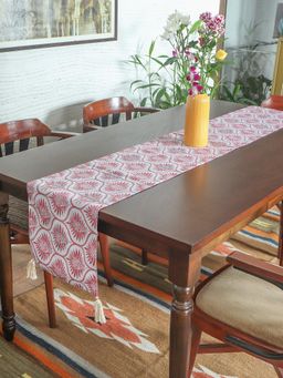 Zeba World - Pink Floral Embroidered and Printed Polycanvas Table Runner (Seater 6)