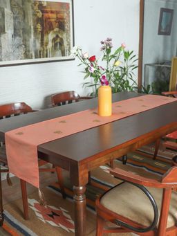 Zeba World - Peach Hand Embroidered Motif Polyester Table Runner (Seater 6)