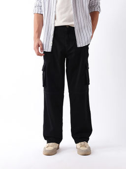 The Bear House - Black Solid Cotton Relaxed Cargo